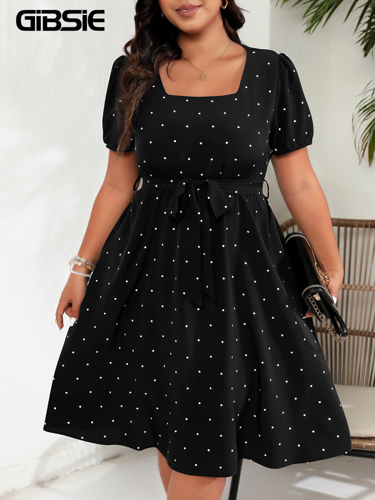 Square Neck Polka Dot Belted Dress, Women's Elegant Retro Puff Sleeve, High Waist Summer A line Big Swing Dresses navy Blue 2xl