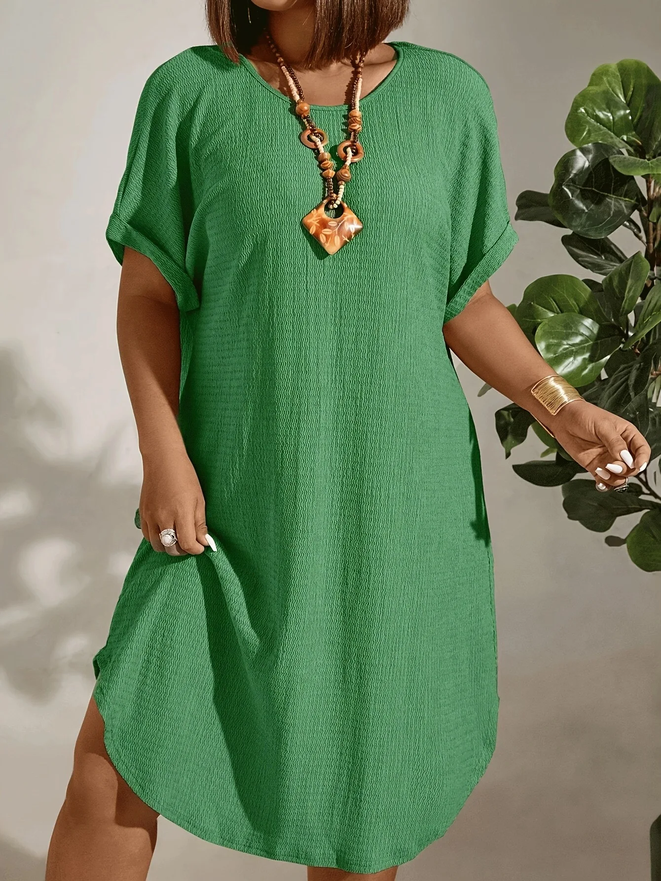 Solid Color Large Size Dress For Women, Summer New Short Sleeved Casual Everyday Wear green 0xl