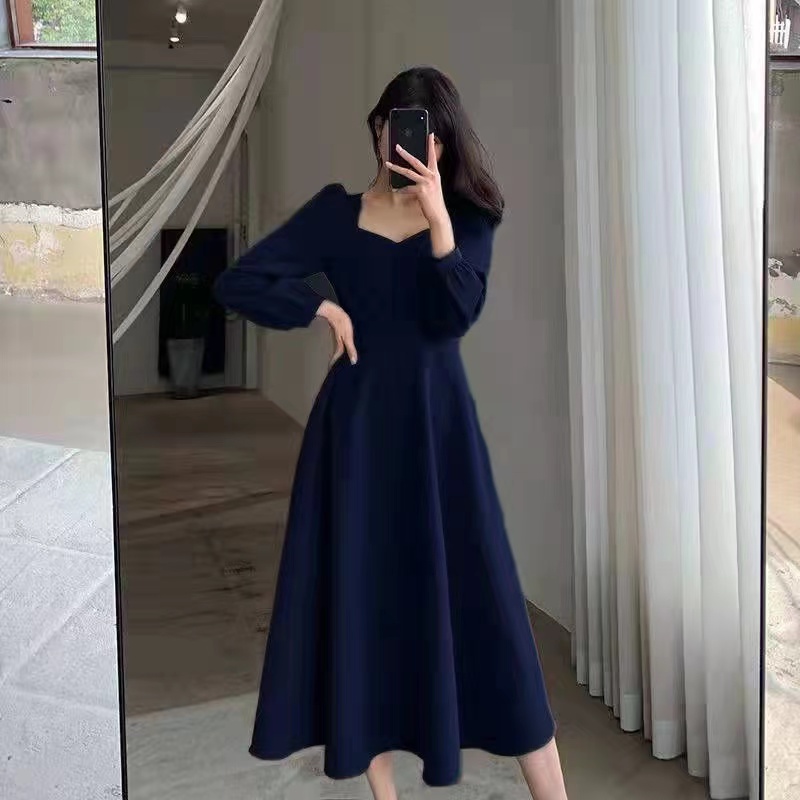 High Waist Slim Evening Party Dresses Long Puff Sleeve Solid Elegant Dress Women Fashion Wedding Guest New Year Women navy Blue xl