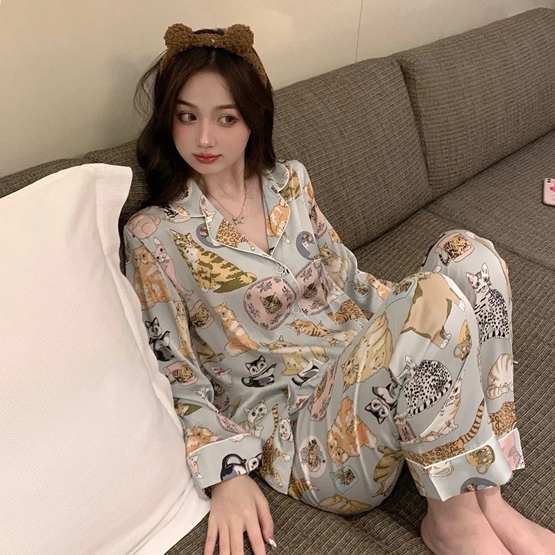 Women Cartoon Sleepwear Autumn Winter Pajamas Long Sleeve Long Trousers HomeWear Loungewear Nightwear xxl
