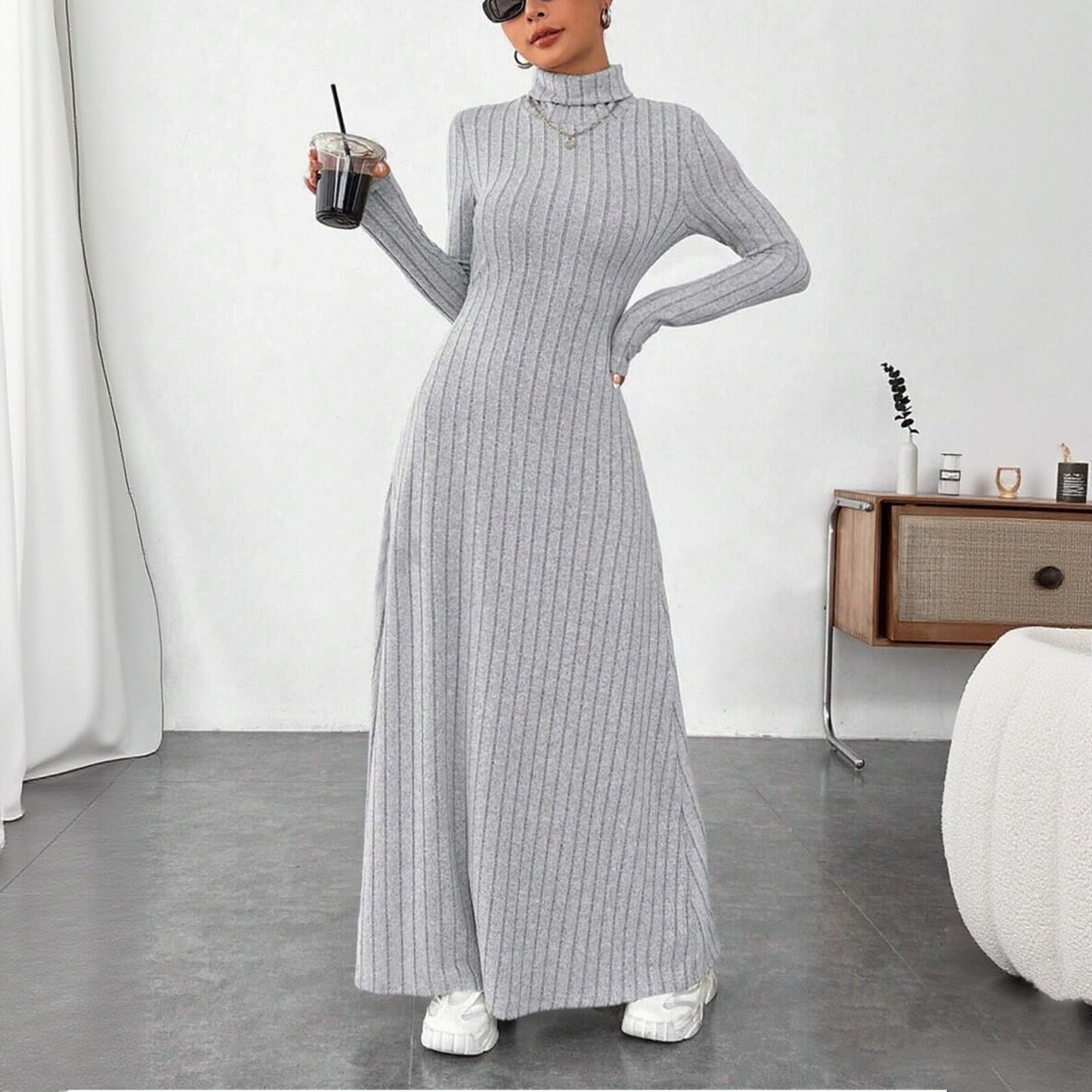 Turtleneck Vintage Dress Women, Autumn Winter Solid Casual Street Vestidos Fashion gray m