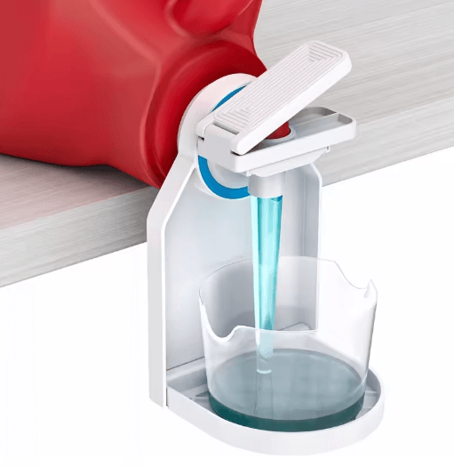 Spill Free Laundry Detergent Dispenser Cup Holder Push Pause Nozzle Space Saving Laundry Accessory white 2 Piece Set