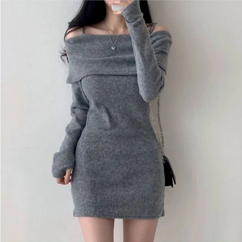 Chic Korean Knitted Mini Dress With Full Sleeve One Word Collar, Slim Fit Ribbed m black