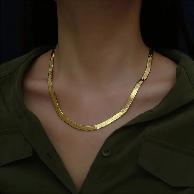 Luxury Sterling Silver Gold Flat Chain Necklace For Women Fine Jewelry Wedding Gift Clavicle Choker silver m