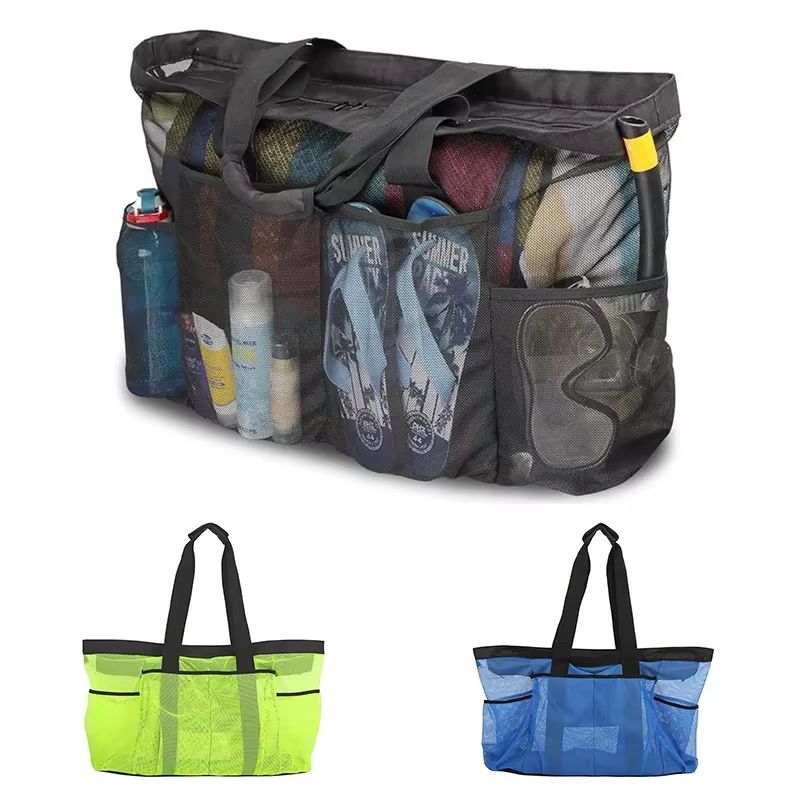 Extra Large Foldable Beach Bag With Mesh Breathable Panels And Zippered Side Pockets blue
