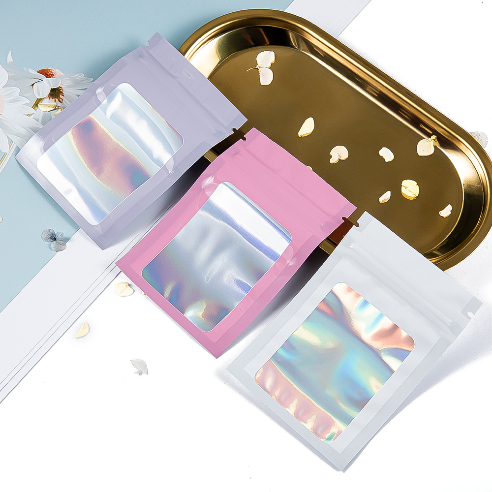 Holographic Laser Color Mylar Bag, Thick Smell Proof Pouch For Jewelry Retail Storage, Gift Zip Lock Bag blue 12x20cm