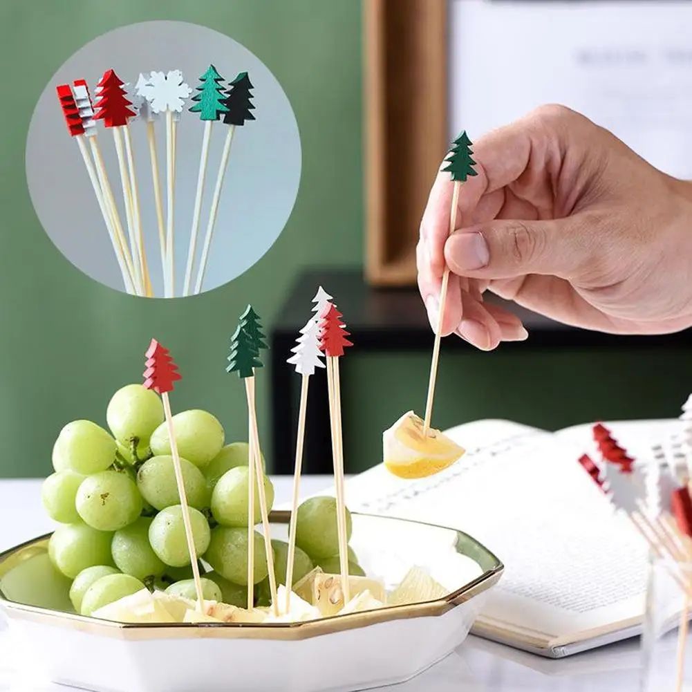 50 Piece Christmas Fruit Picks Bamboo Party Fork Set With Santa, Snowflake, Tree & Reindeer Designs snow Flower 50pcs