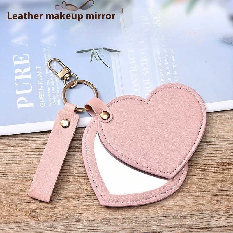 Portable Compact Heart Shape PU Leather Makeup Mirror Creativity Keychain For Purse Travel Gift red