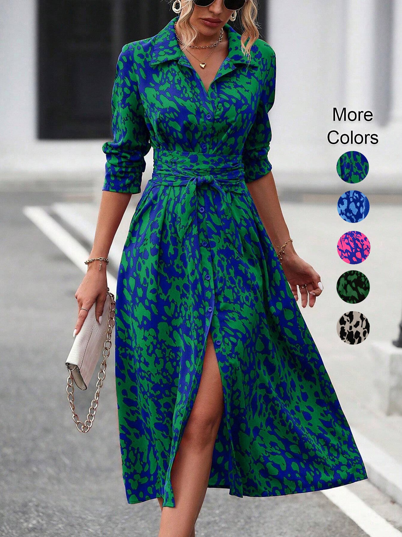Women's Long Sleeve Belted Waist Midi Dress, Elegant Random Print Button Down Shirt Dress, Spring Fall Office Casual army Green m