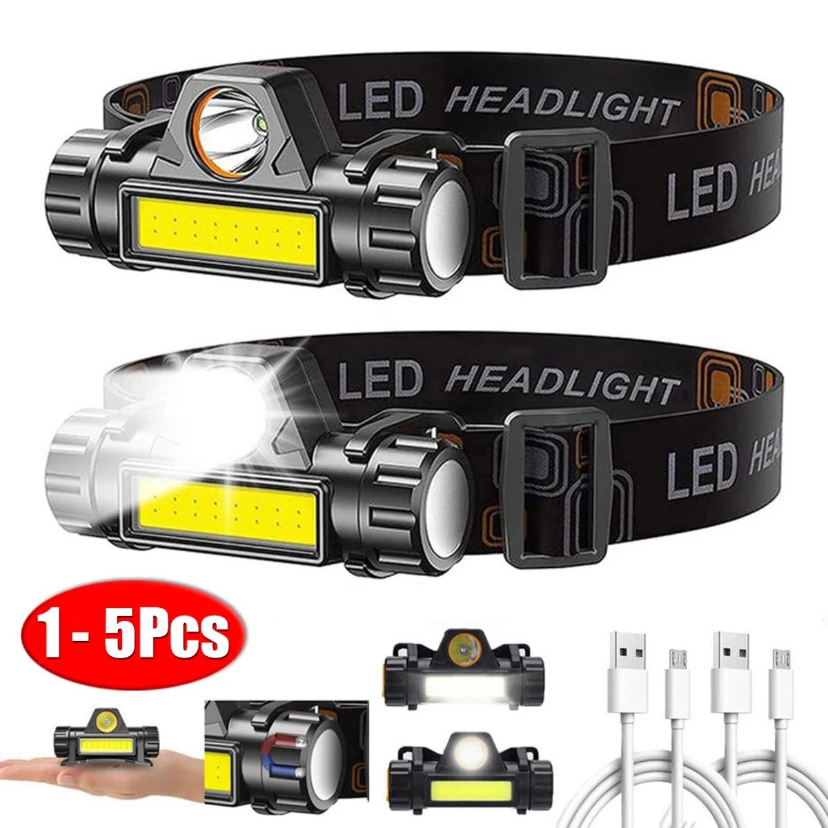 15 Pcs Rechargeable COB LED Headlamp With Strong Magnet Super Bright Waterproof Head Torch For Fishing & Outdoor Work mini Flashlight