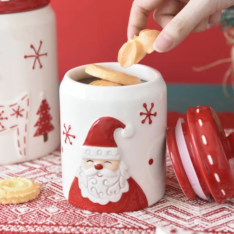 Santa Claus Christmas Ceramic Cookie Jar & Serving Plate Set Holiday Tableware For Cookies, Desserts & Snacks i