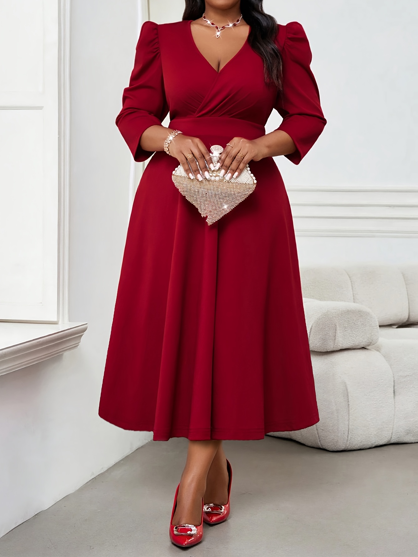 Elegant Red Dress For Large Sized Women, High End Womens Wear, Spring And Autumn Three Quarter Sleeves red 5xl