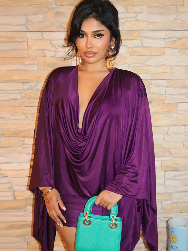 Spring Elegant Classic Satin Dress For Women, Deep V Neck, Swing Long Sleeve, Simple Midnight Clubwear, Midnight Skinny black m