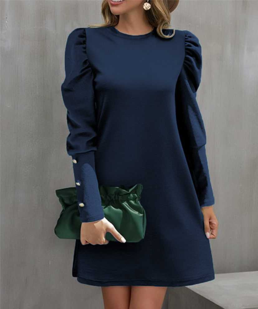 Solid Color Round Collar Bubble Sleeve Button Long Sleeved Dress, Women's Autumn And Winter New Fashion Outfit gold m