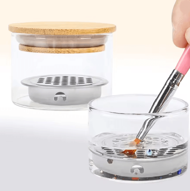 Transparent Glass Nail Brush Cleaner Cup With Mesh Filter Storage Container clear