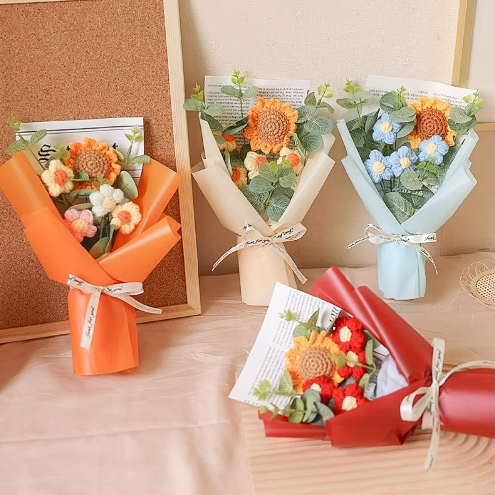 Sunflower And Daisy Artificial Crochet Bouquet Eternal Floral Gift khaki