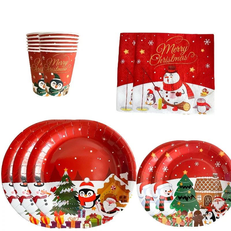 Christmas Party Tableware Set (10 Pack) Disposable Paper Plates And Cups With Napkins Banner Decor 9inch paper Tray