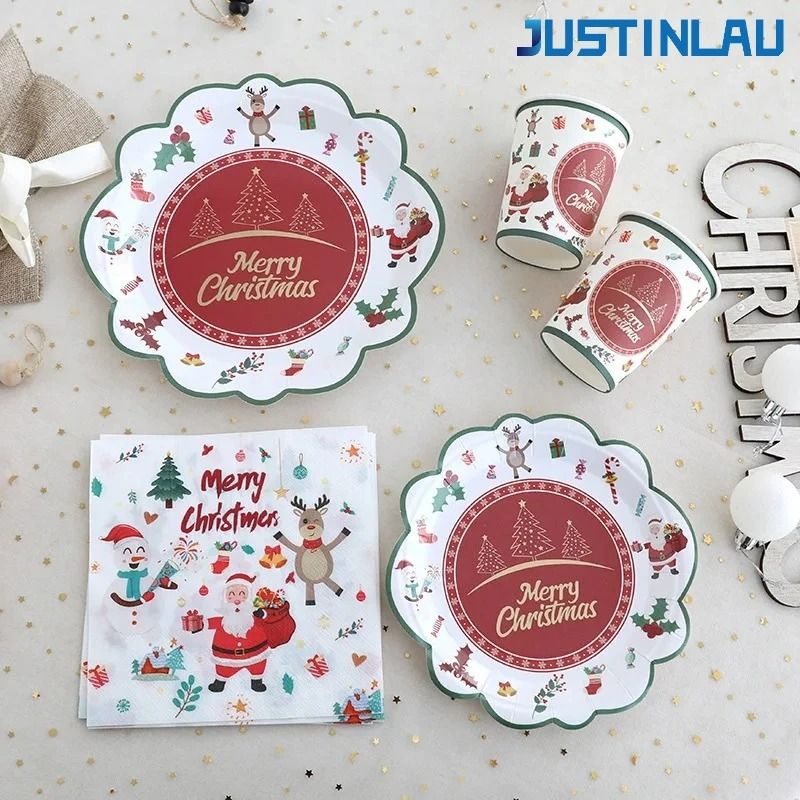 JUSTINLAU Deluxe Christmas Cutlery & Disposable Tableware Set Festive Plates, Cups & Decor 96 Pcs Set B