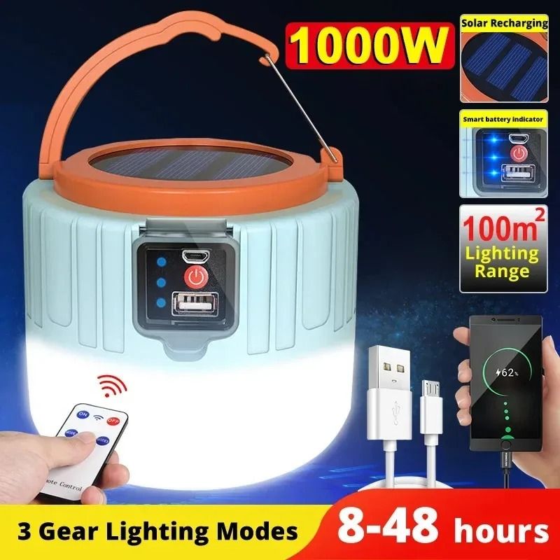 Solar Camping Light Remote Control Power Bank LED Tent Lamp solar Charge Blue 2pcs