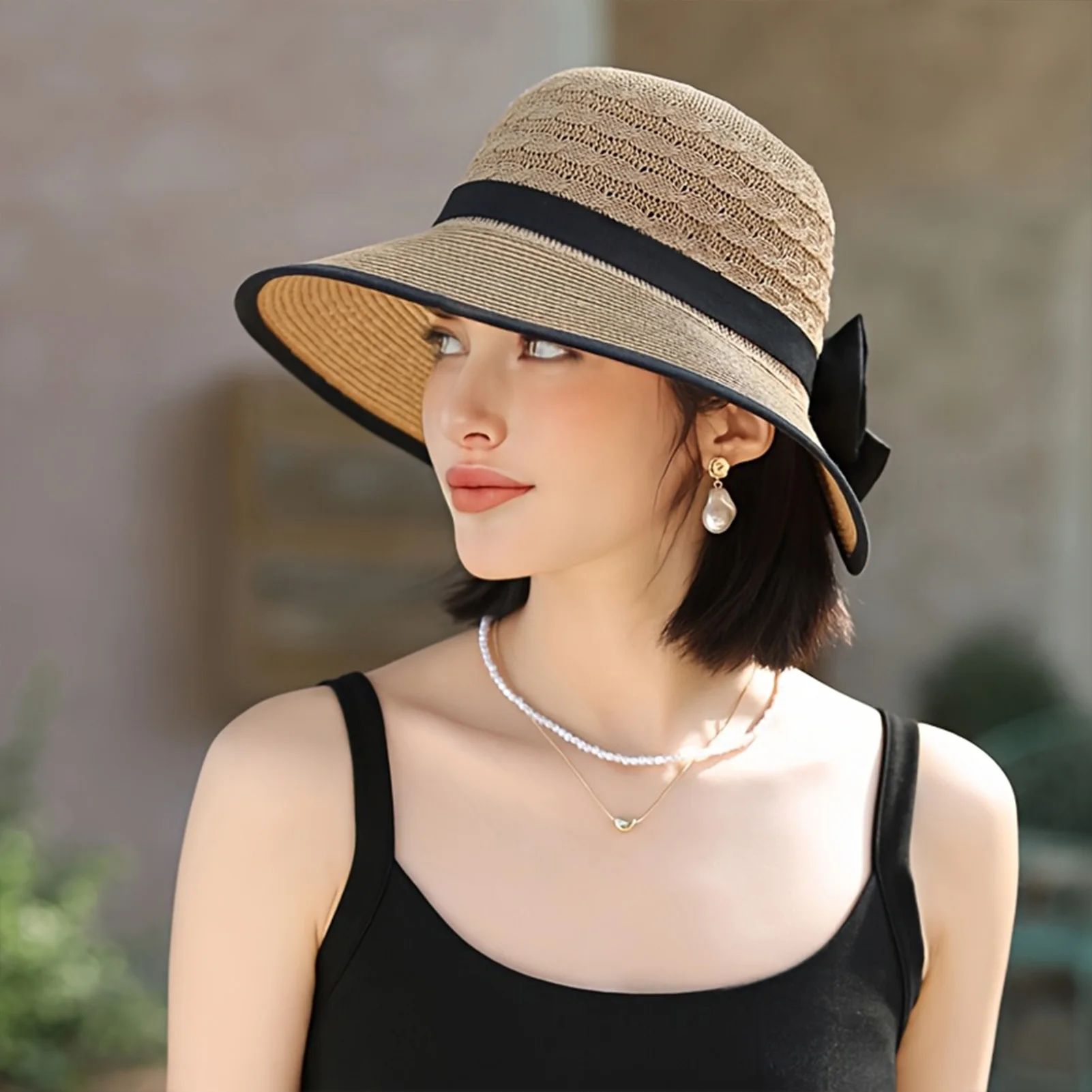 Summer Beach Straw Sun Hat With French Bowknot, Breathable Elegant Wide Brim Hat For Travel, Outdoor & Photography black