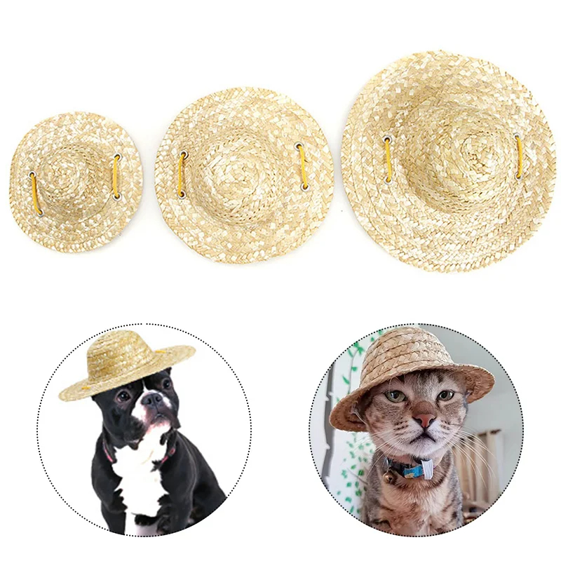 Cute Fashion Pet Woven Straw Hat, Sombrero For Small Dogs And Cats, Sun Hat Beach Party Costume Accessory l