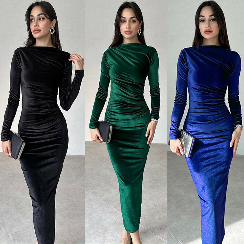 Elegant Party Clothes, Midi Dress For Women Ruched Long, Evening Green Outfits black l