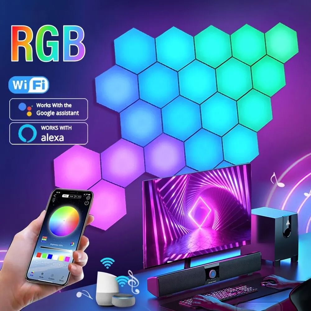 Intelligent Hexagonal RGB Wall Lamp DIY Music Rhythm Ambient Night Light 10pcs bt Wireless