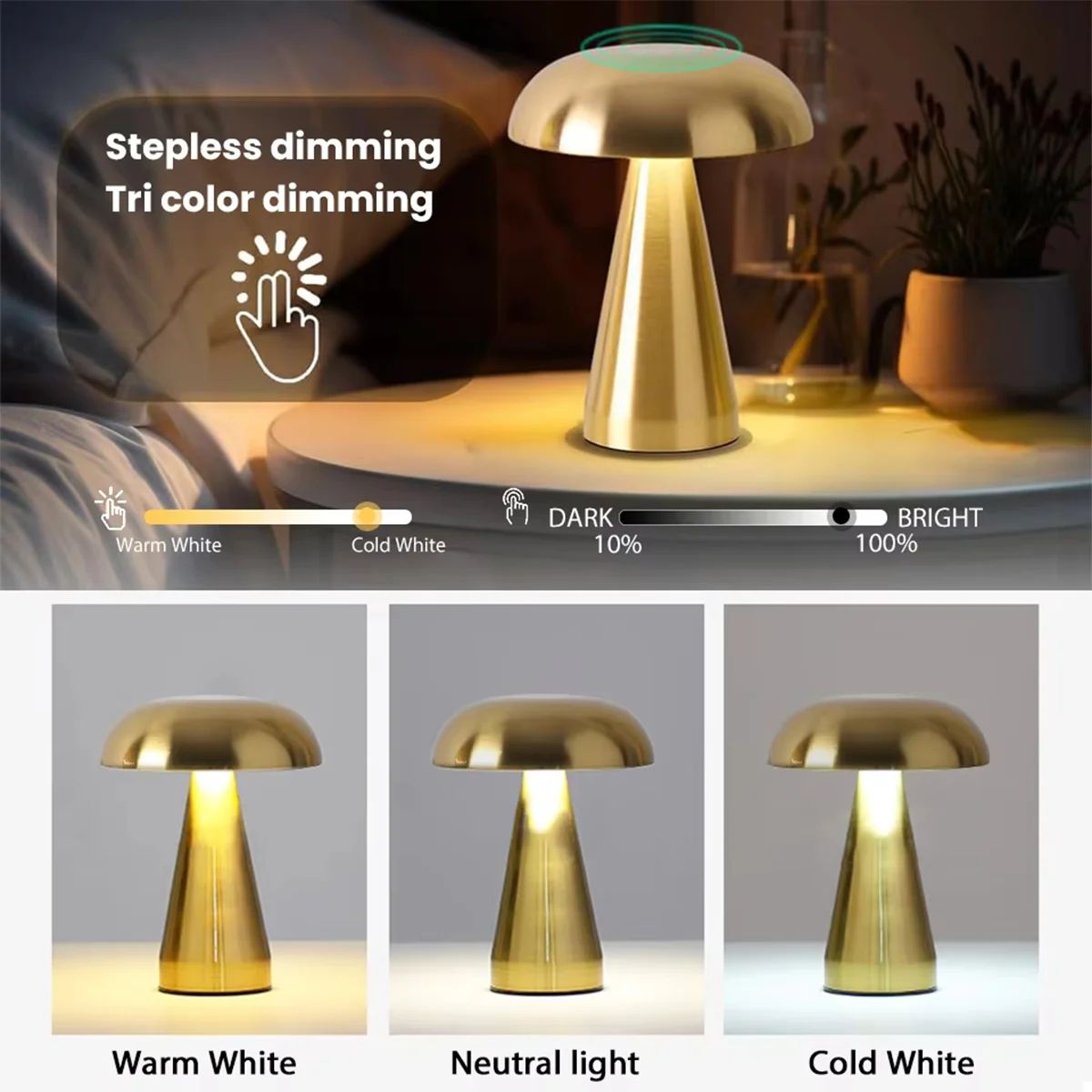 Gold Mushroom Table Lamp USB Rechargeable, Portable LED Nightstand Desk Light For Bedroom Home Decor Warm Ambient Glow golden