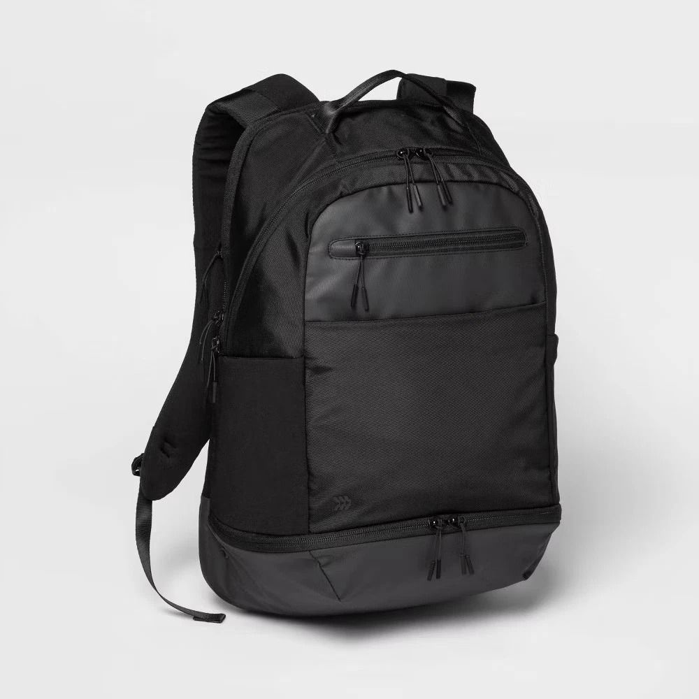 All In Motion Black Backpack, Lightweight Polyester Design, Adjustable Straps, Bottle Pocket, Laptop Storage All In Motion Black Backpack, Lightweight Polyester Design, Adjustable Straps, Bottle Pocket, Laptop Storage