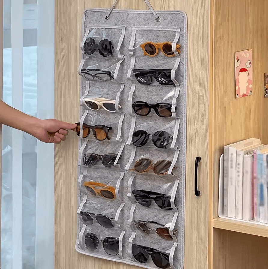 Wall Mounted Glasses Organizer With 16 Felt Slots Dust Proof Eyewear Storage Rack grey