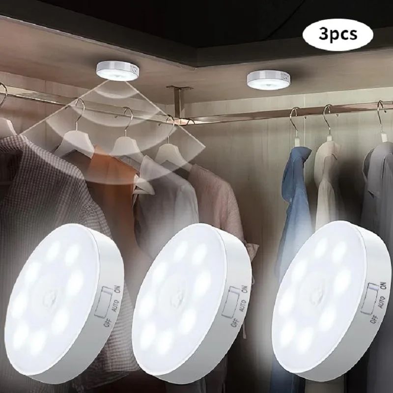 Motion Sensor LED Night Light USB Rechargeable Wireless Closet & Cabinet Light For Kitchen, Stairs, Wardrobe & Hallway warm Lamp Switch