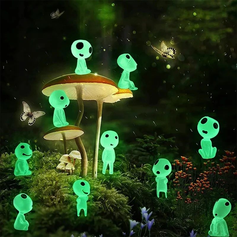 Glow in the Dark Kodama Mini Figures (10 Piece Set) For Aquarium Tank Decor & Fairy Gardens green
