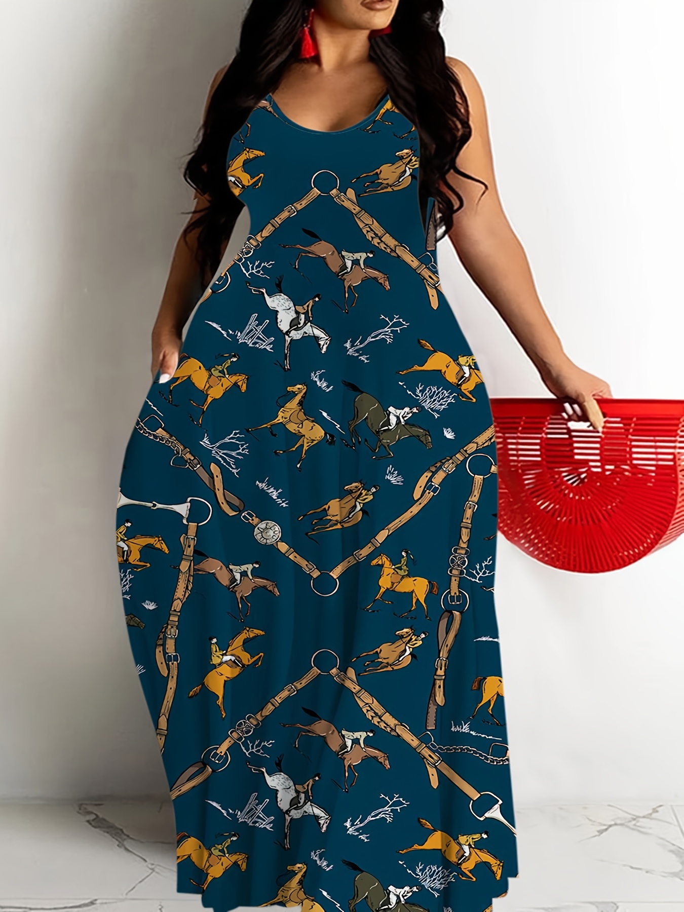 Womens Cross Border Summer Fashion Print Dress, Round Neck Sling Dress For Casual Daily Wear blue 5xl