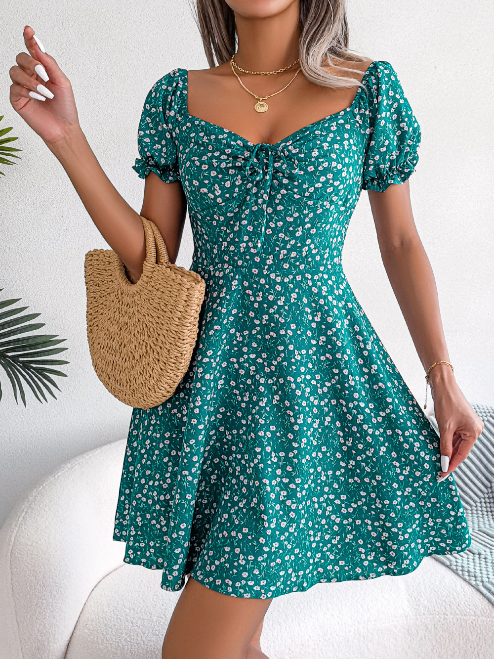 Women Casual Square Neck Flare Short Sleeve Floral Dress, Elegant A Line Spring Summer Dress For Fashionable Women light Blue m