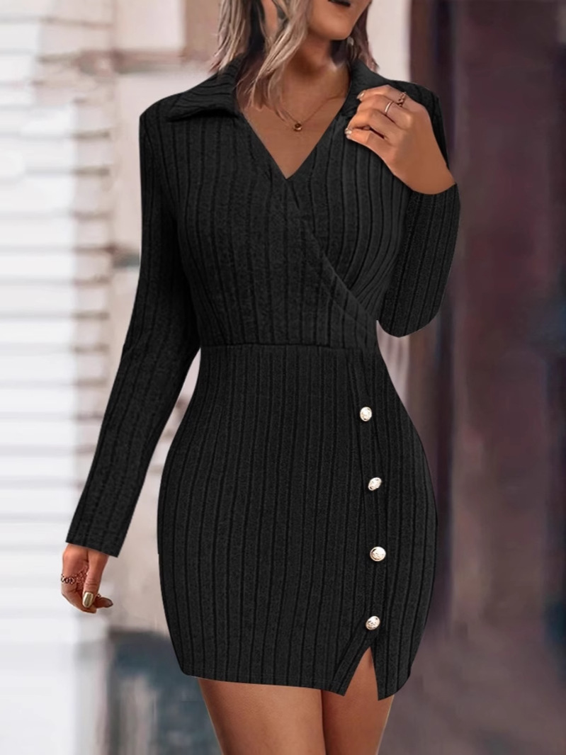 Solid Color V neck Fitted Bodycon Long Sleeve Dress For Women, New Autumn And Winter Style From Europe And America black l