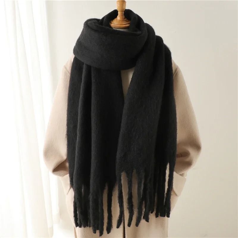 Luxury Winter Cashmere Feel Scarf Extra Long Solid Pashmina Wrap & Thick Tassel Shawl black