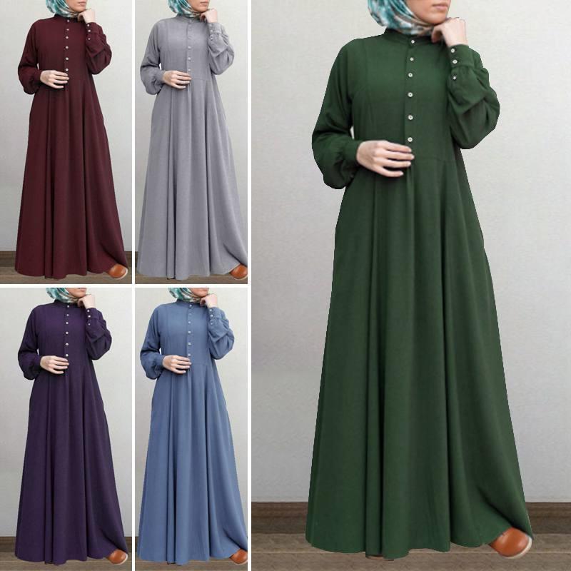 Spring Casual Loose Waist Retro Muslim Abaya Long Robe Big Swing Style Cotton Solid Color Patchwork Dress xxl violet