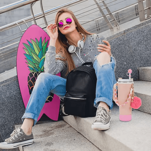 7PCS Stanley Cup Accessory Set Pink Flower Handle Strap Straw Cover And Decorative Charms light Blue