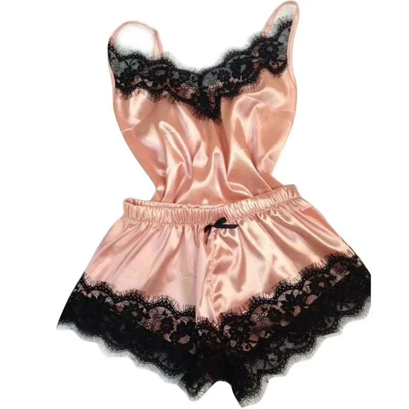 Summer Lace Silk Pajama Set For Women, Sexy Lingerie Cami Top And Shorts Set, Comfortable Casual Pijamas For Sleepwear rose Pink l