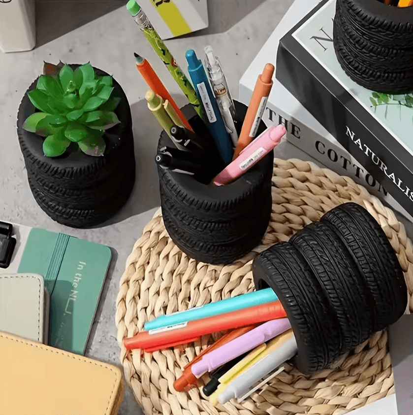 Creative Tire Shaped Pen Holder Unique Office Desk Organizer For Pens & Stationery 1pc Black