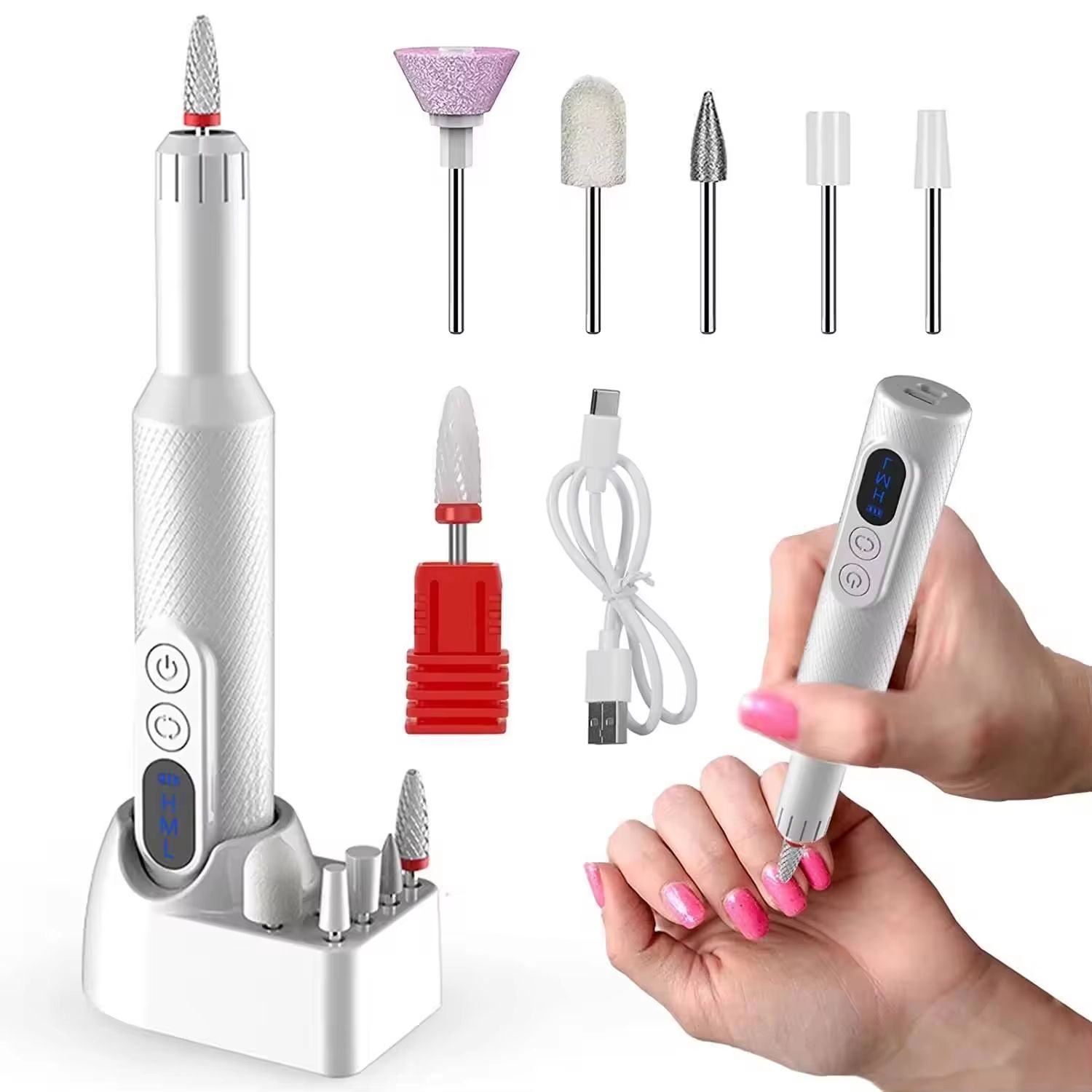 Electric Nail Drill Cordless Nail File Manicure Pedicure Kit For Acrylic And Gel Nails Professional Nail Grinder For Hom white