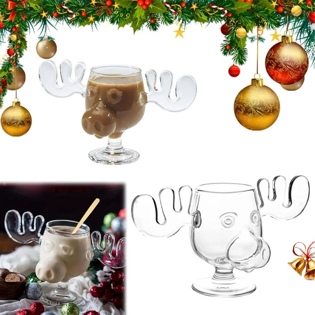 Christmas Moose Mug Reindeer Head Glass Cup 240ml Holiday Drinkware spoon 2 Pcs