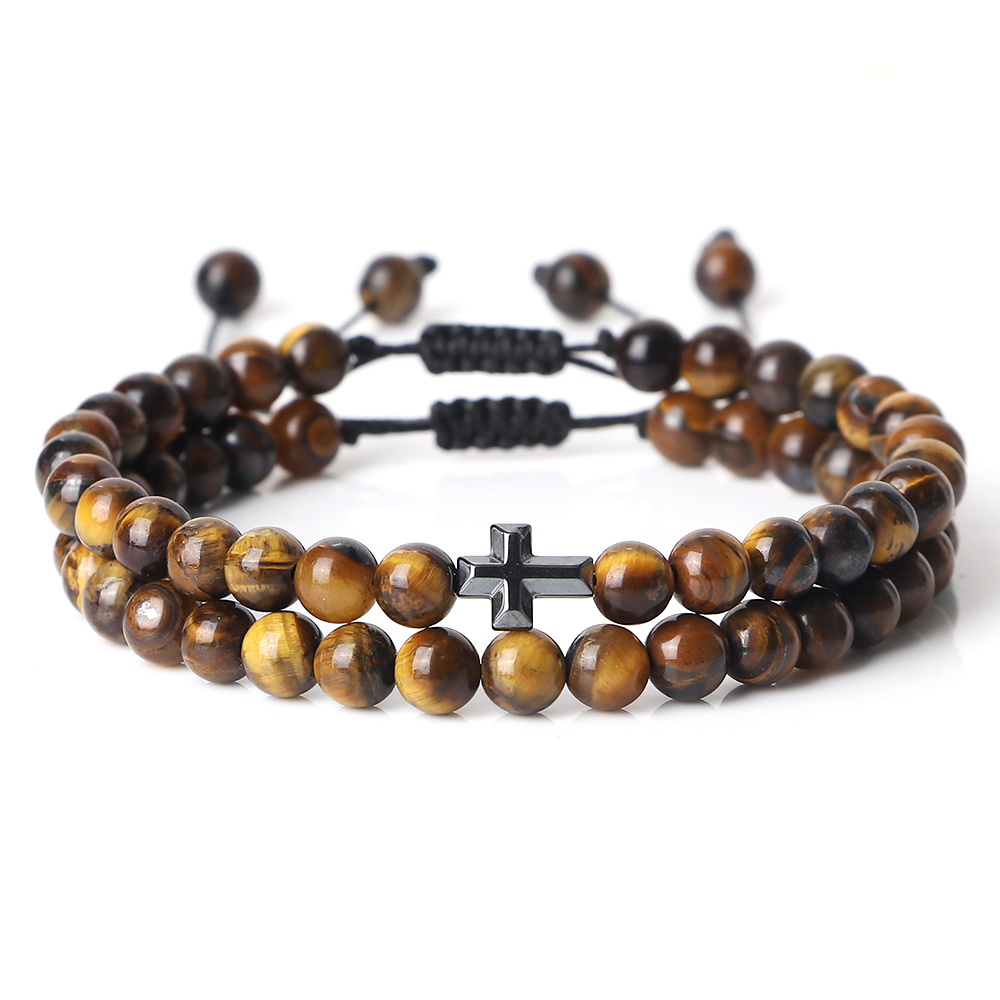 Couples Distance Beads Bracelet Handmade Yoga Prayer Jewelry Cross Tiger Eye Stone Fashion Hematite Homme tiger