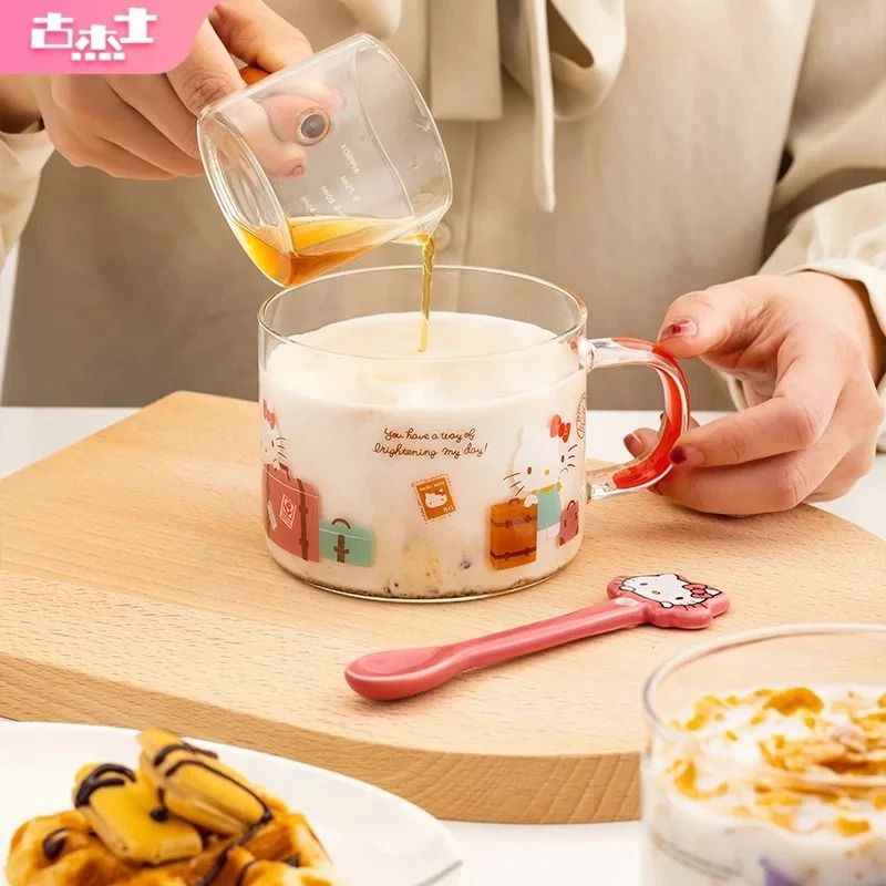 Sanrio Collaboration Transparent Glass Mug 10cm Cute Breakfast Oatmeal Cup With Colored Handle kuromi