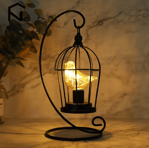 Creative Birdcage Table Lamp Vintage Iron Hollow Lantern With Warm Ambient Light b