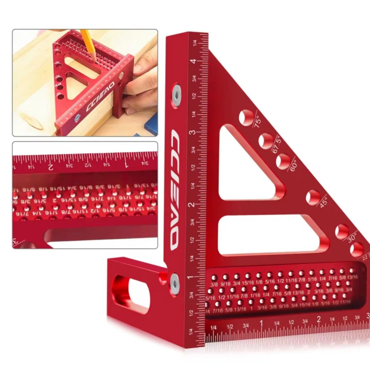 Imperial 3D Multi Angle Measuring Ruler Aluminum 45 90 Square Protractor For Woodworking & Carpentry metric Red