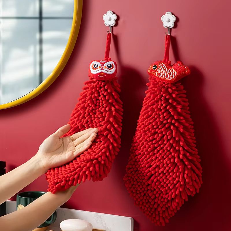 3PCS Cartoon Red Chenille Hand Towel Hanging Quick Dry Kitchen Towel Set For Bathroom And Home Cleaning 3pcs Mix