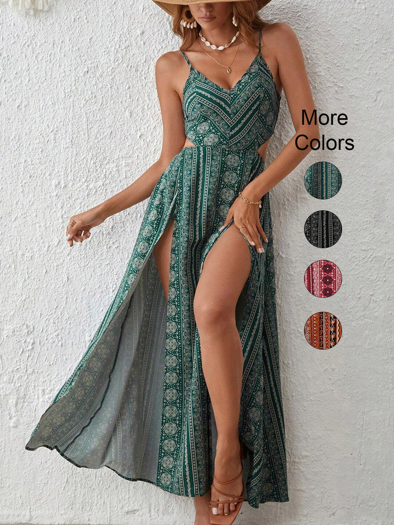 Floral Print Beach Holiday Party Maxi Dress, Deep V Neck Backless Sling Dress With Thigh High Slit, Summer black xxl