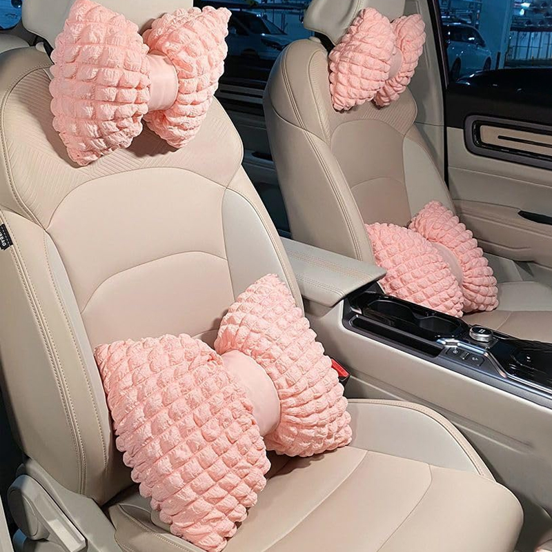 Cartoon Bowknot Car Waist Pillow, Soft Pink Lumbar Support Headrest For Car Interior Decoration waist Pillow