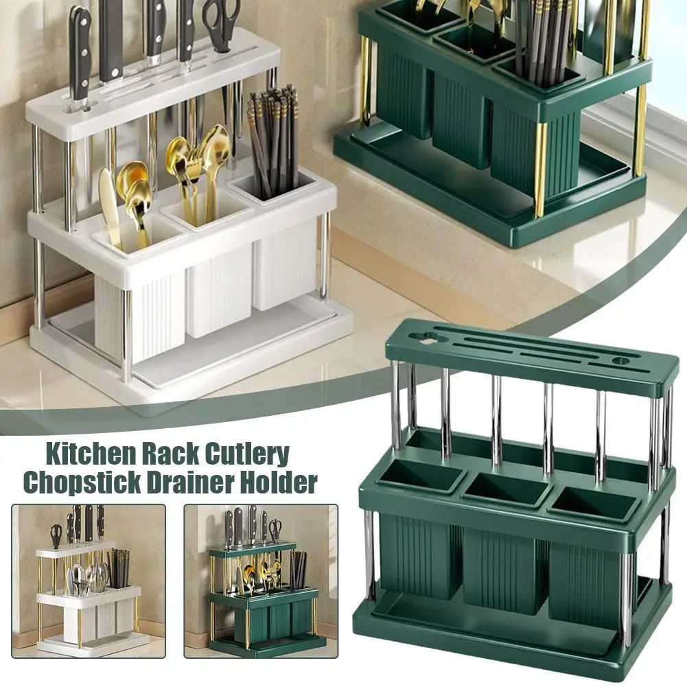 Cutlery Organizer Desktop Utensil Holder With Drainage Large Capacity Silverware Drying Rack green Silver